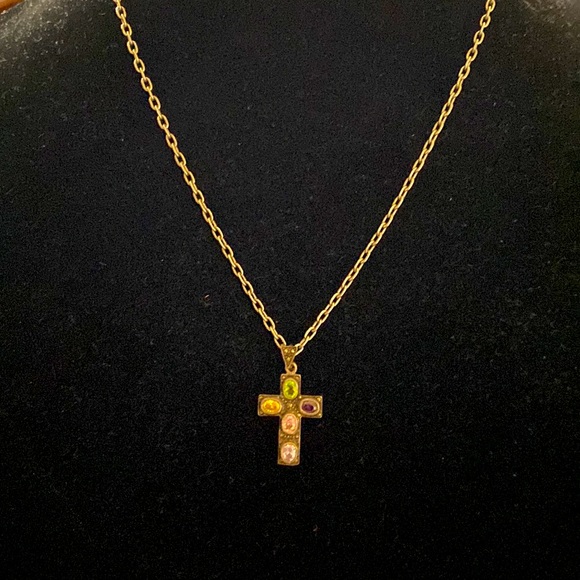 Sterling silver cross pendant and chain with multi colored gemstones/marcasite. - Picture 3 of 4